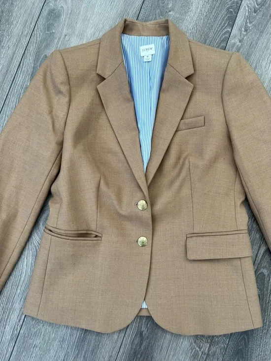 J. Crew Tan Wool-Blend Tailored Blazer with Gold Buttons Blue Striped Lining 6 - Picture 3 of 9